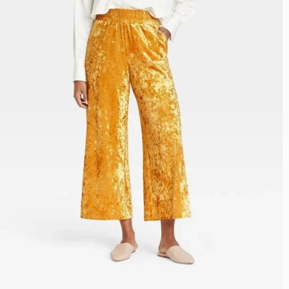 a new day Pants - A New Day *Mustard Yellow* Crushed Velvet Wide Leg Ankle Pants | XS | Mid-Rise